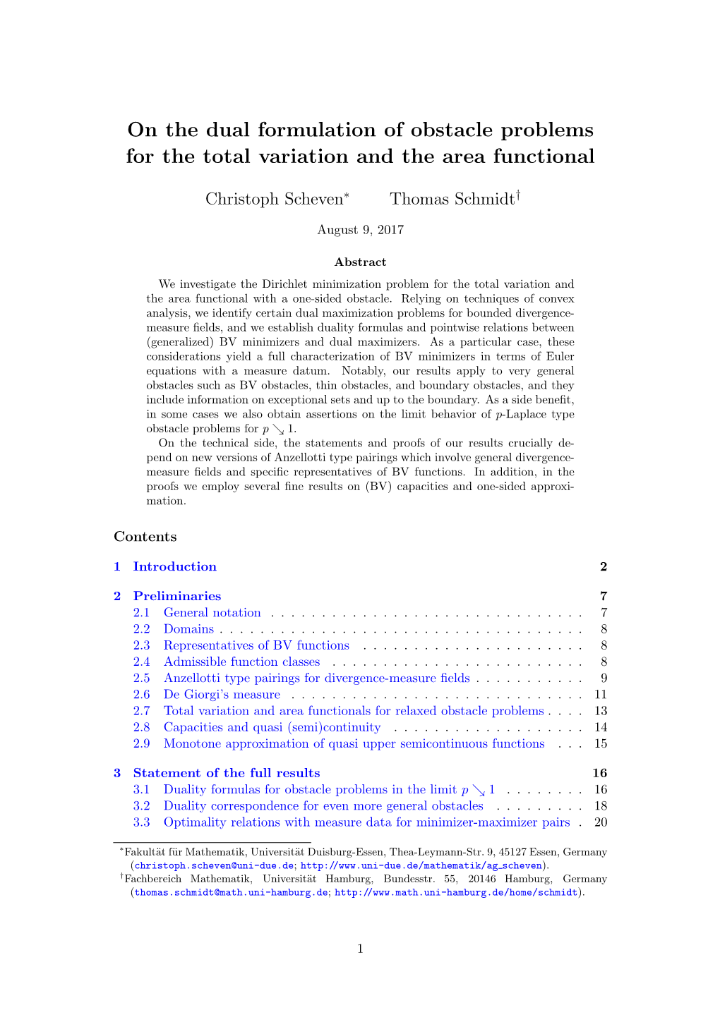 On the Dual Formulation of Obstacle Problems for the Total Variation and the Area Functional