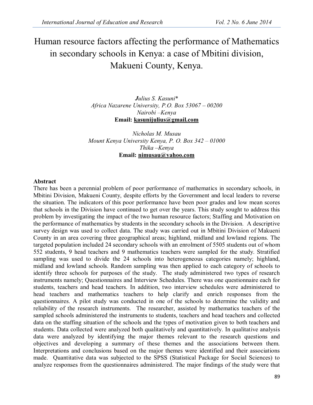 Human Resource Factors Affecting the Performance of Mathematics in Secondary Schools in Kenya: a Case of Mbitini Division, Makueni County, Kenya
