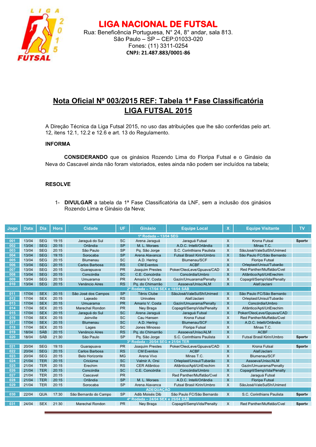 LIGA NACIONAL DE FUTSAL Rua: Beneficência Portuguesa, N° 24, 8° Andar, Sala 813