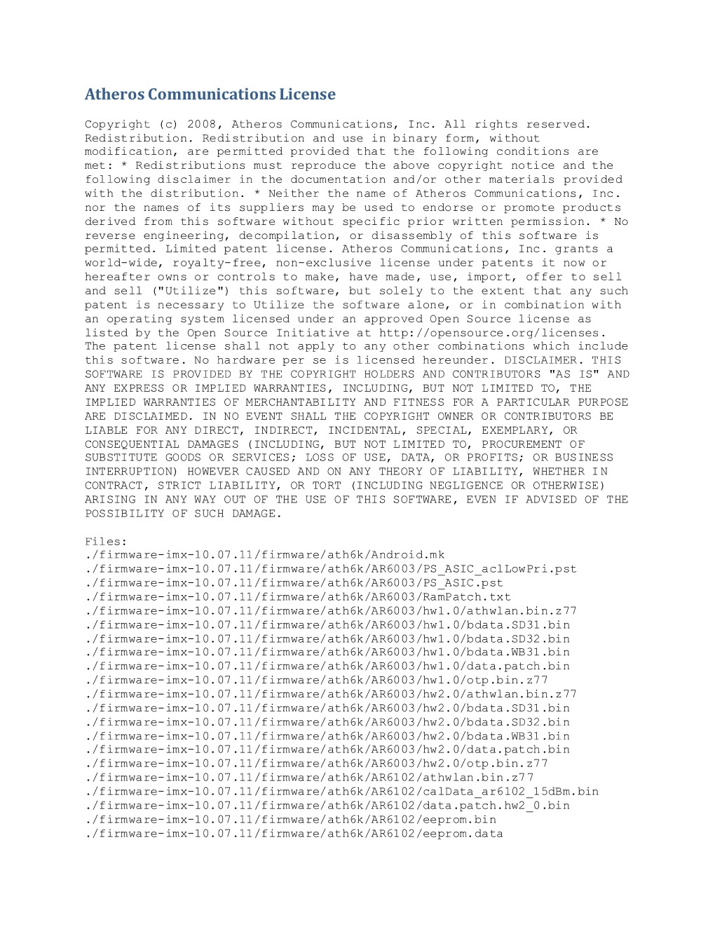 Atheros Communications License