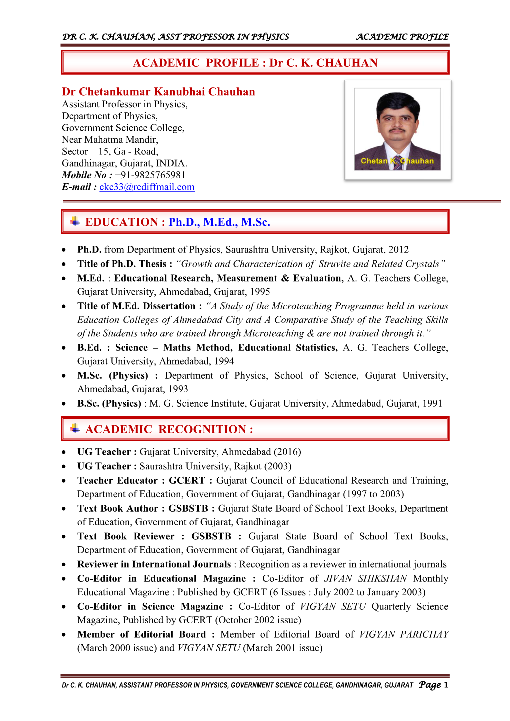 Dr C. K. Chauhan, Asst Professor in Physics Academic Profile