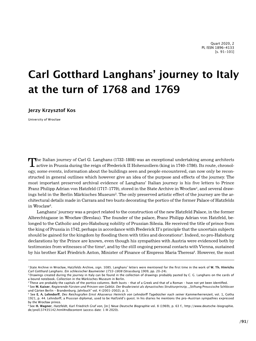 Carl Gotthard Langhans' Journey to Italy at the Turn of 1768 and 1769