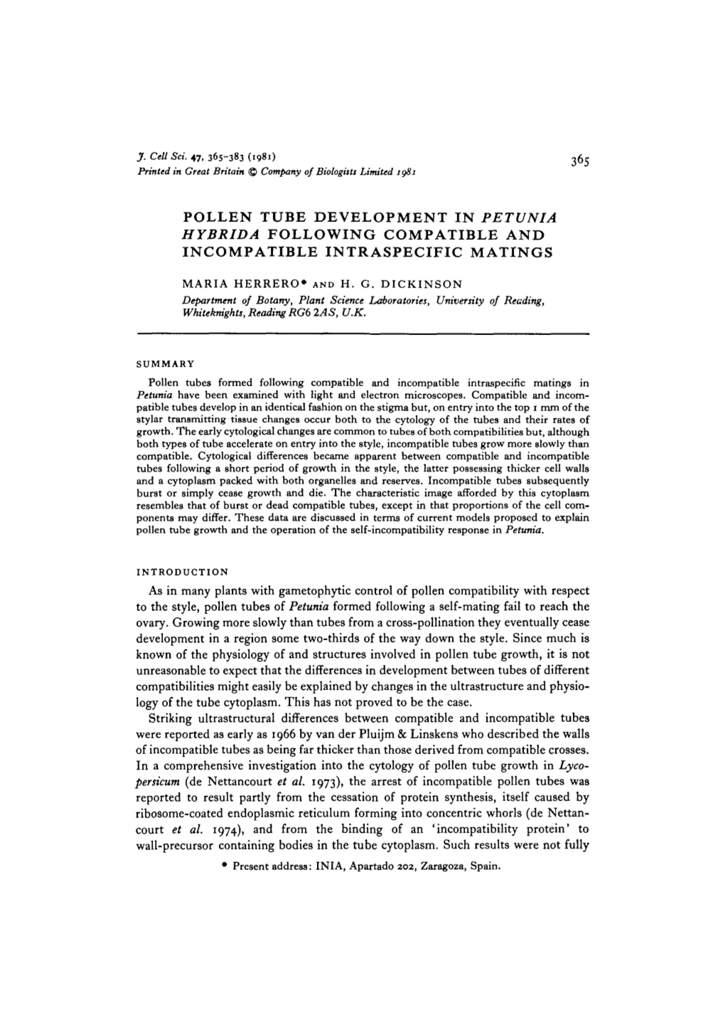 Pollen Tube Development in Petunia Hybrida Following Compatible and Incompatible Intraspecific Matings