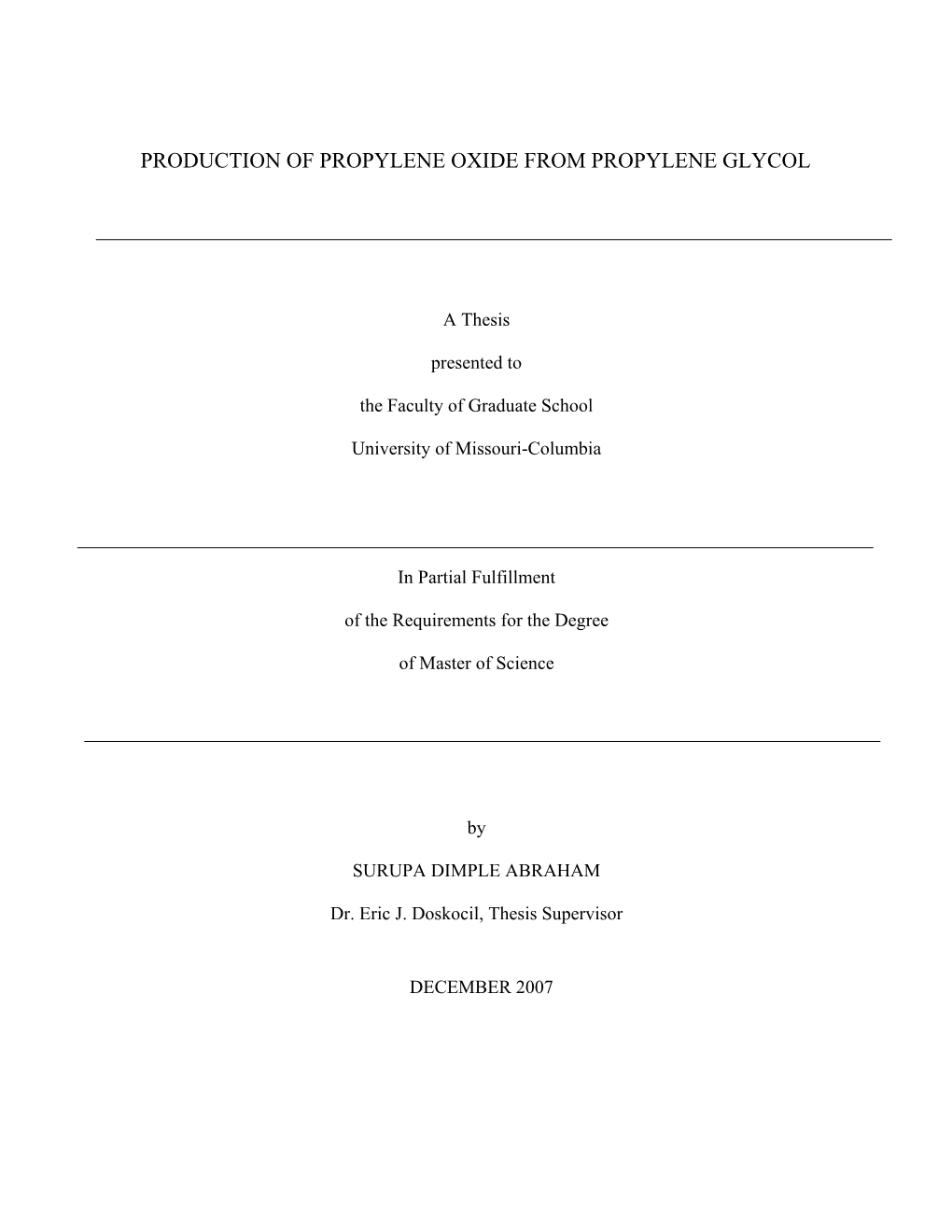 Dehydration of Proplyene Glycol