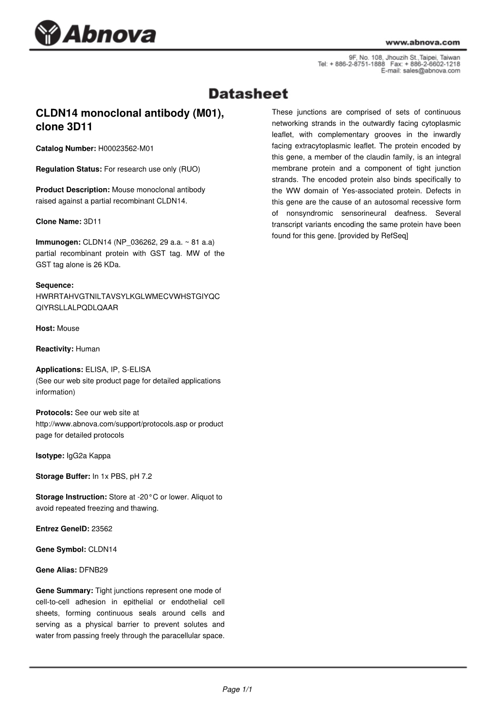 CLDN14 Monoclonal Antibody (M01), Clone 3D11
