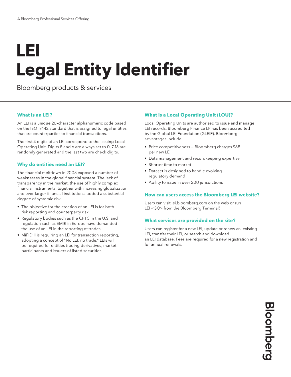 LEI Legal Entity Identifier Bloomberg Products & Services