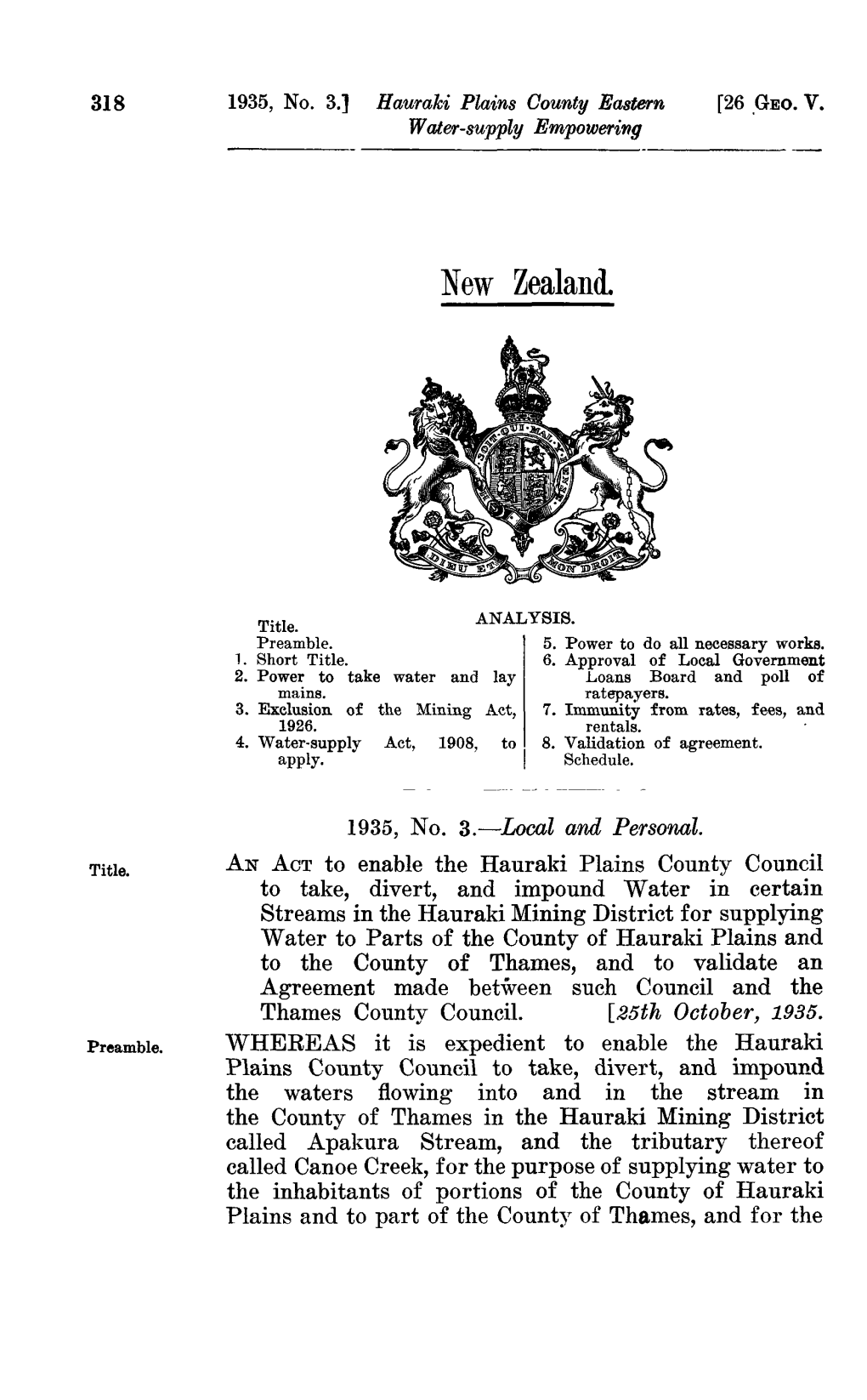 26 GEO V 1935 No 3 Hauraki Plains County Eastern Water-Supply