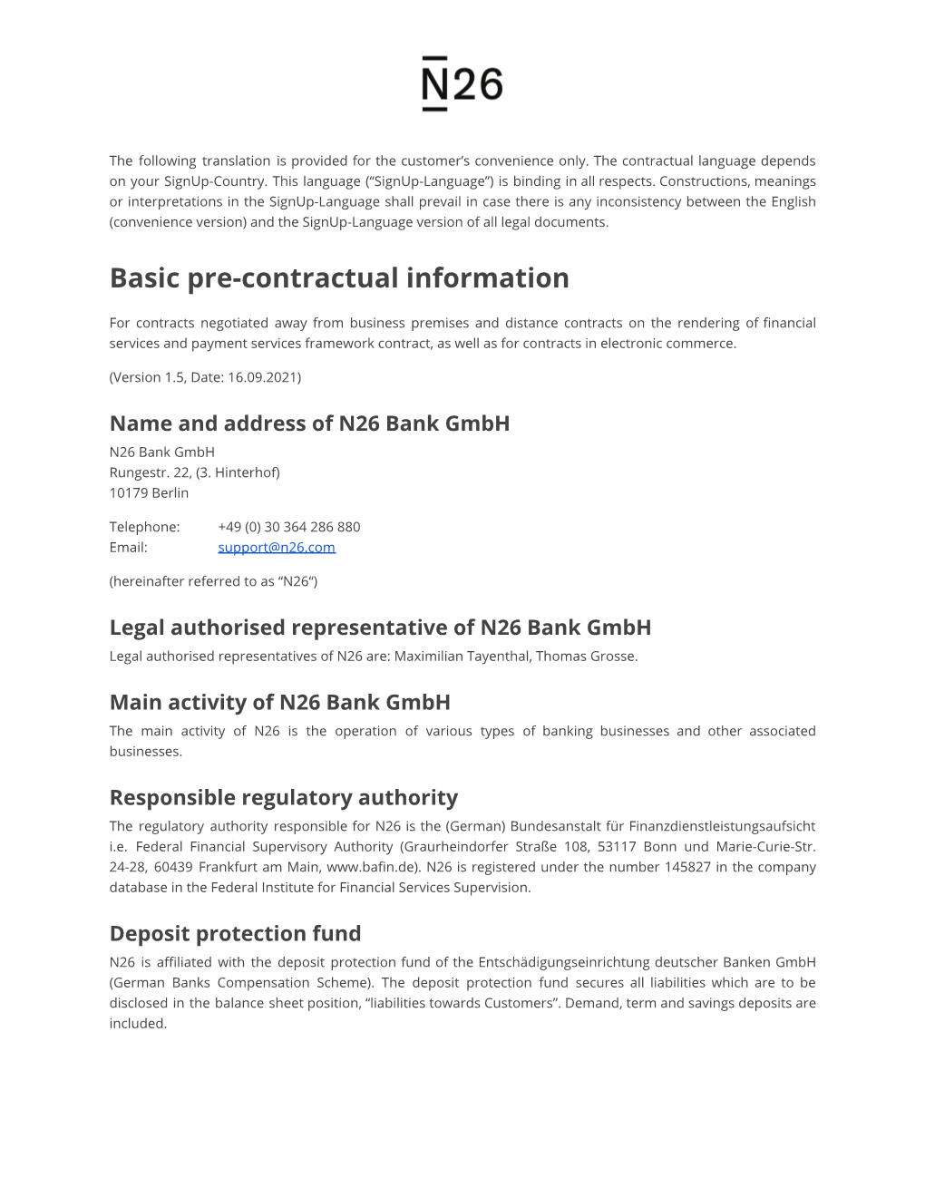 Basic Pre-Contractual Information "N26 Current Account"