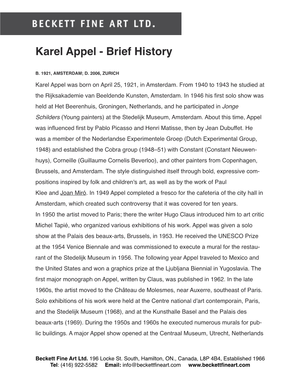 Karel Appel - Brief History