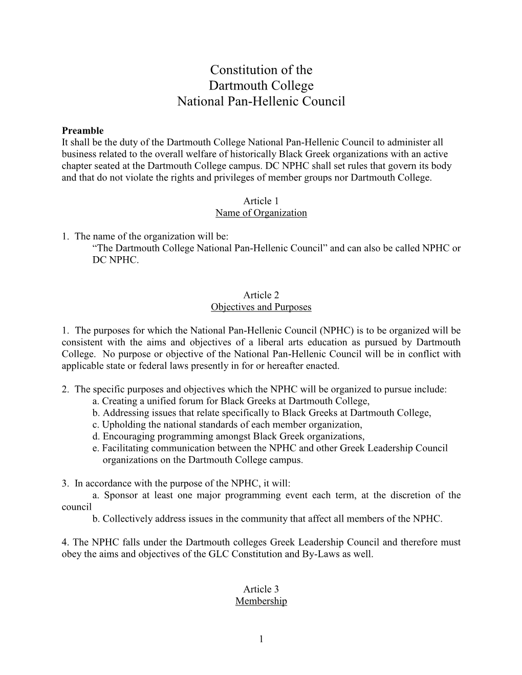 Constitution of the Dartmouth College National Pan-Hellenic Council