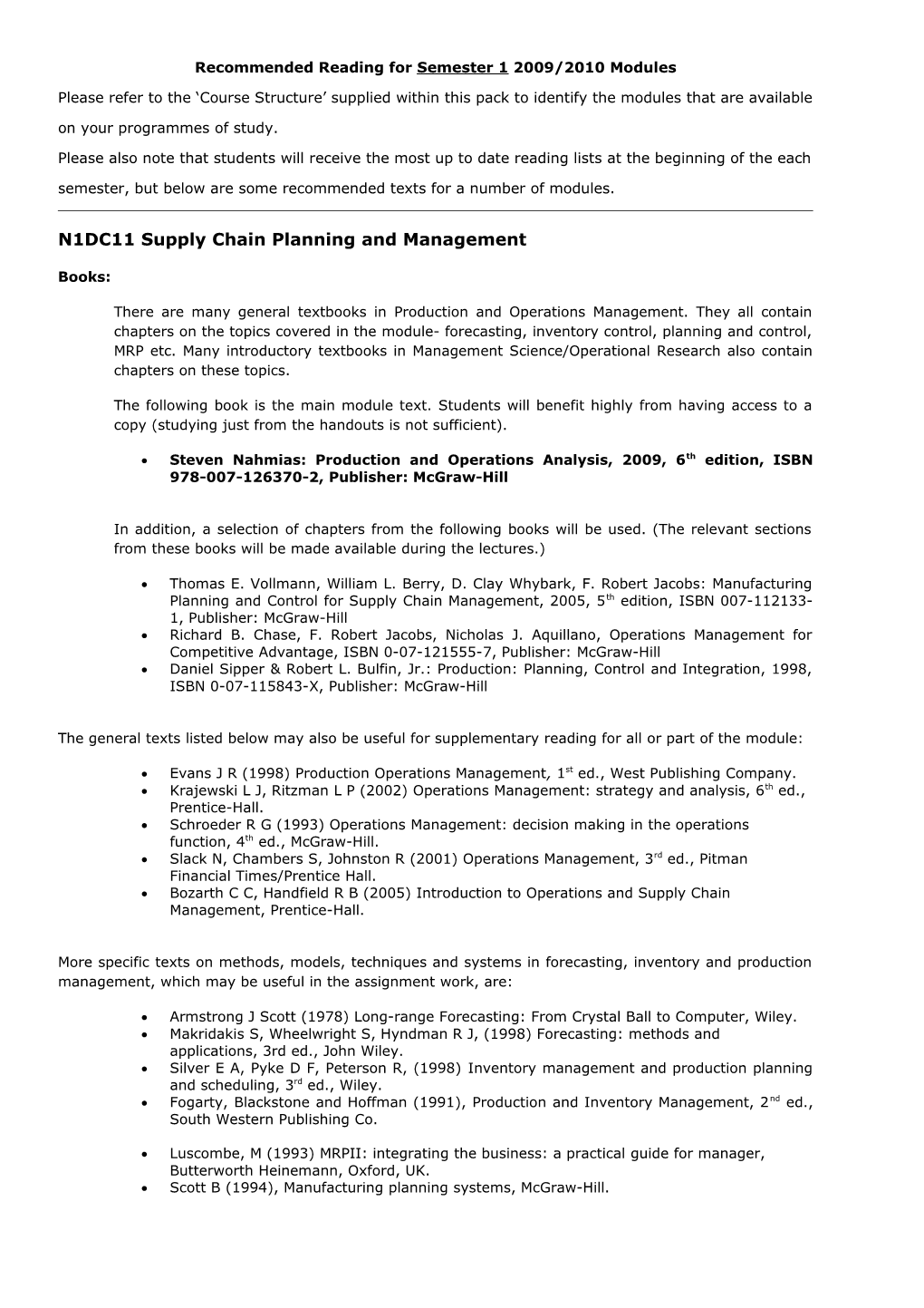Recommended Reading for Semester 1 2009/2010 Modules