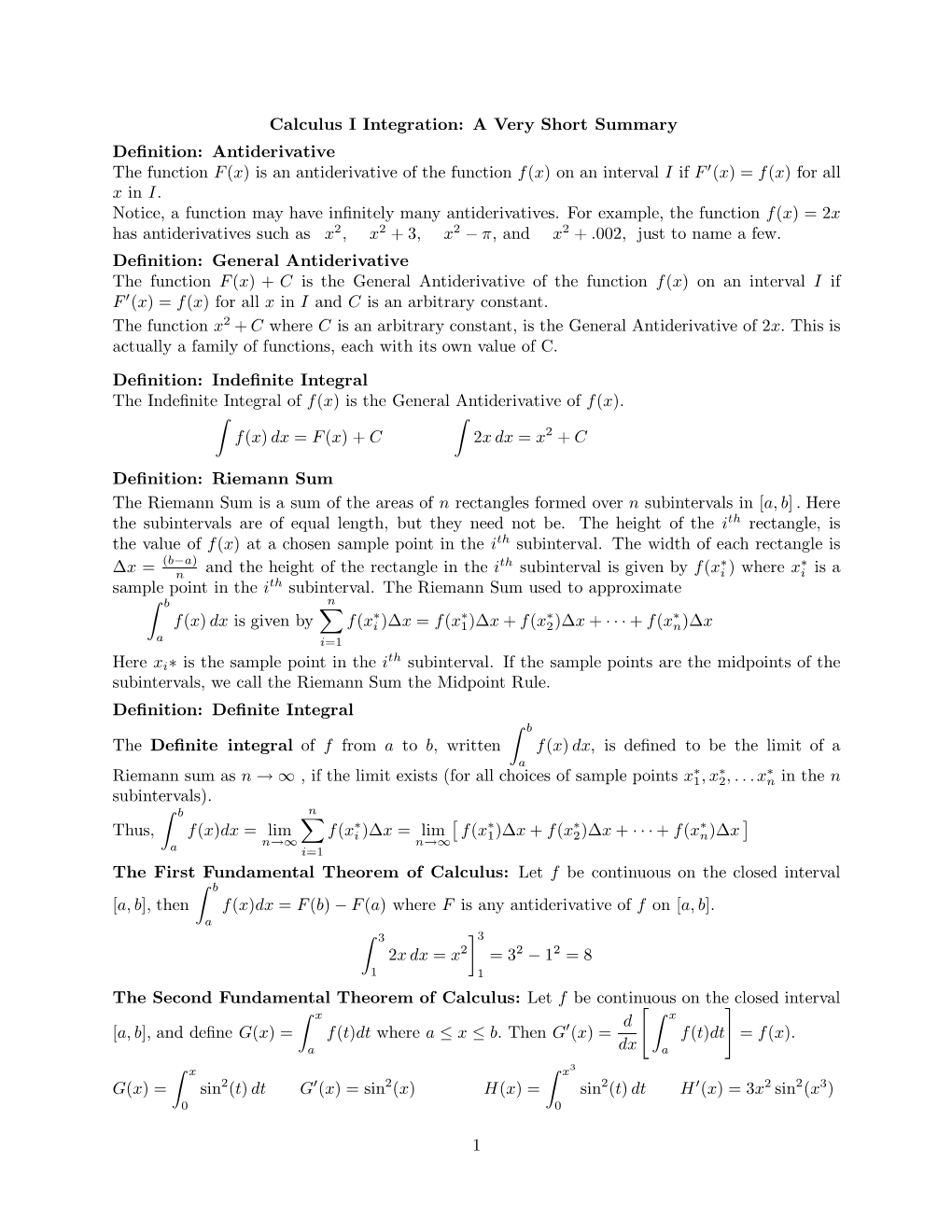 Calculus I Integration: a Very Short Summary Definition: Antiderivative