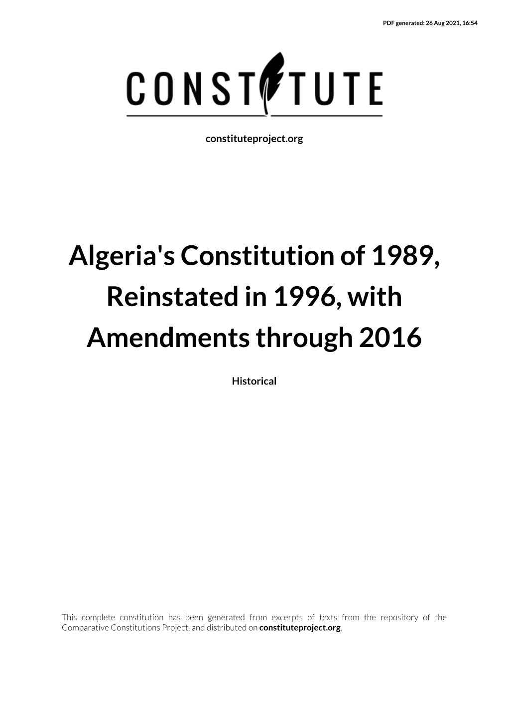 Algeria's Constitution of 1989, Reinstated in 1996, with Amendments Through 2016