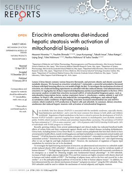 Eriocitrin Ameliorates Diet-Induced Hepatic Steatosis with Activation of Mitochondrial Biogenesis