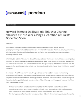 Howard Stern to Dedicate His Siriusxm Channel "Howard 101" to Week-Long Celebration of Guests Gone Too Soon