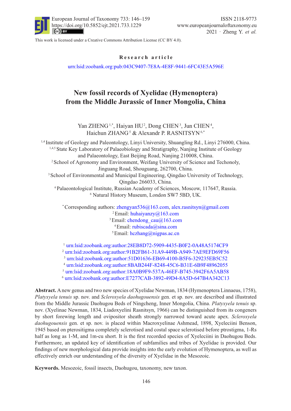 New Fossil Records of Xyelidae (Hymenoptera) from the Middle Jurassic of Inner Mongolia, China