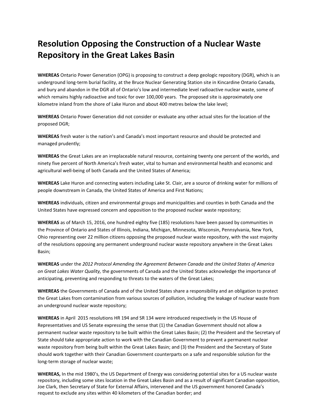 Resolution Opposing the Construction of a Nuclear Waste Repository in the Great Lakes Basin