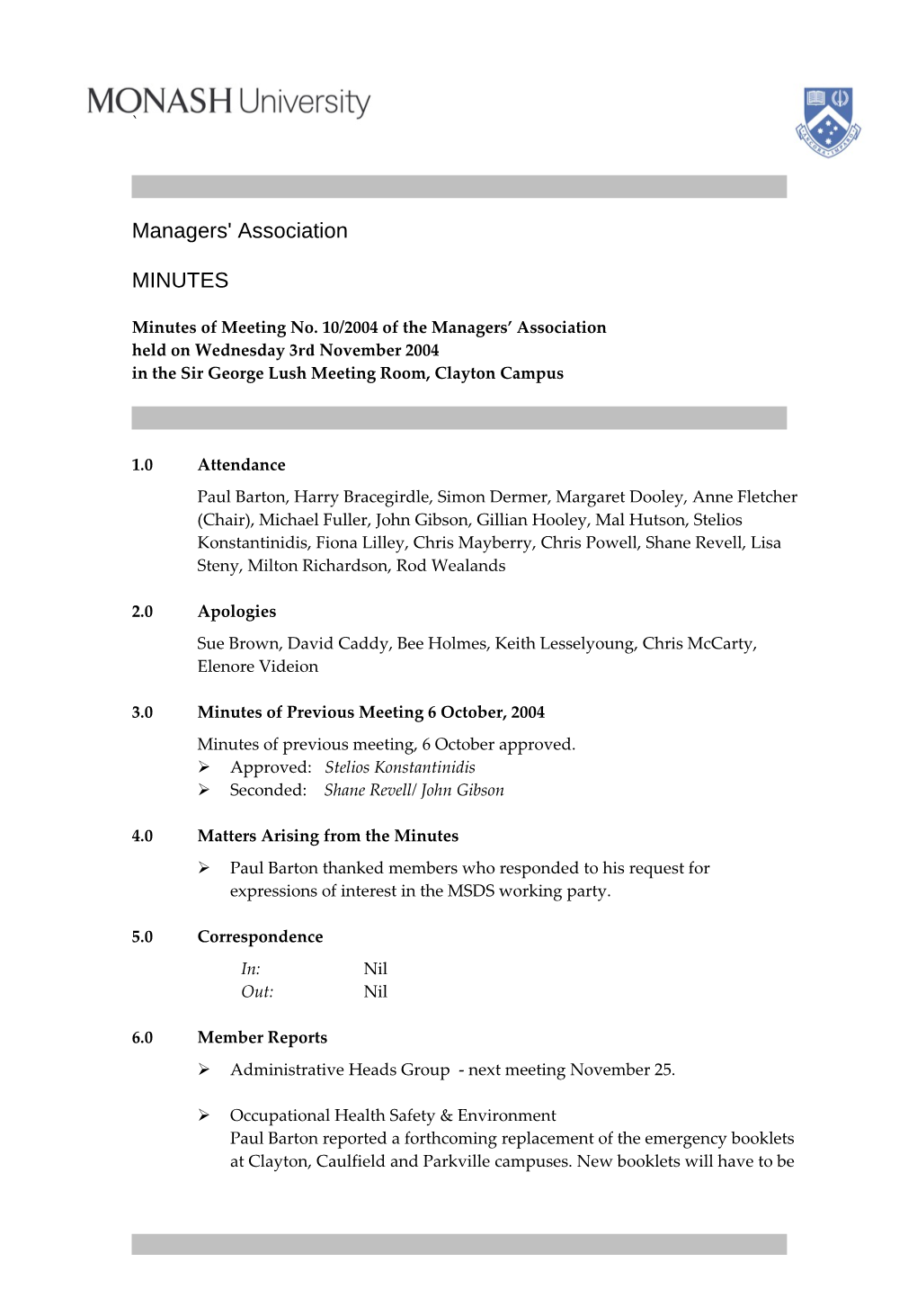 Minutes of Meeting No. 10/2004 of the Managers Association