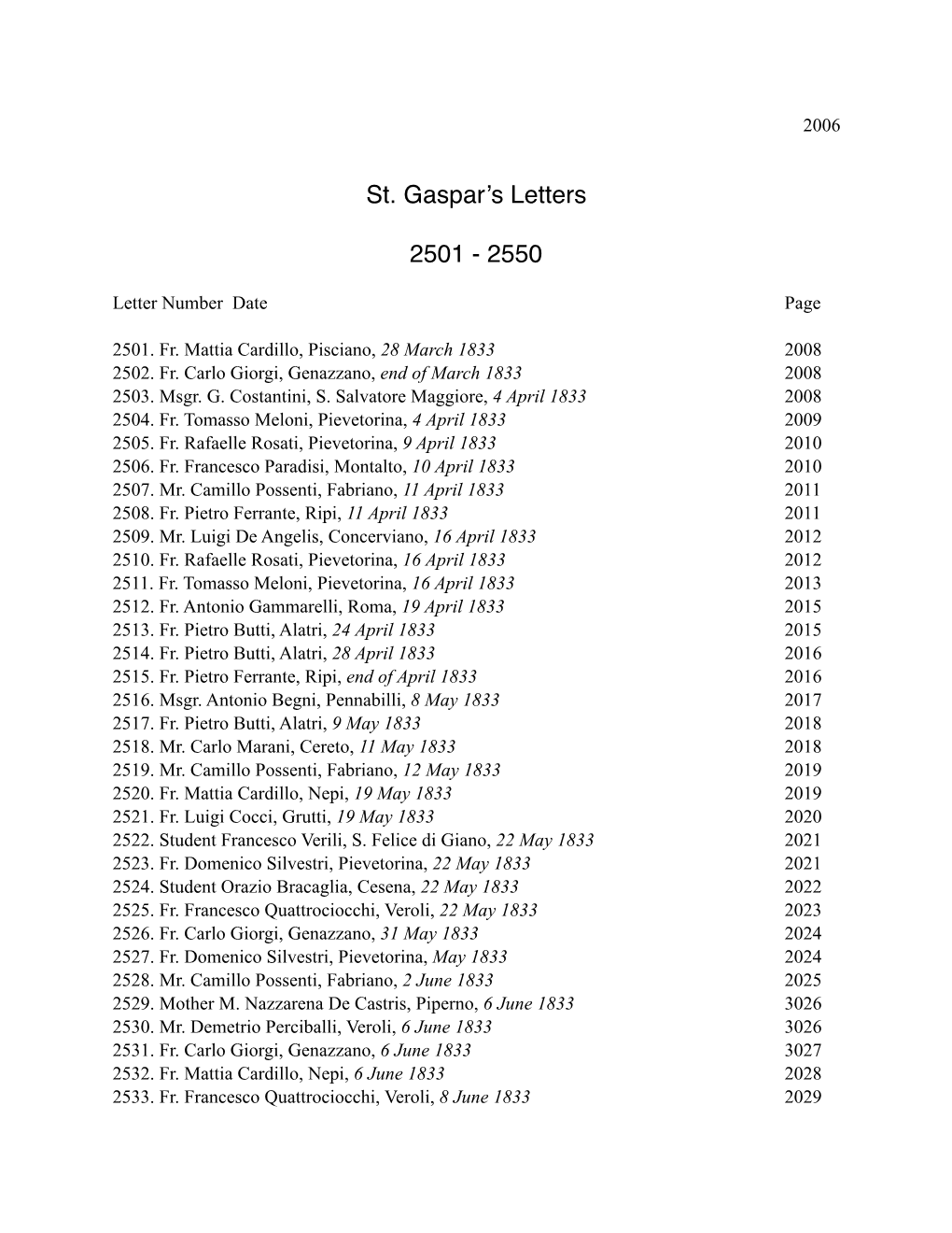 St. Gaspar's Letters 2501