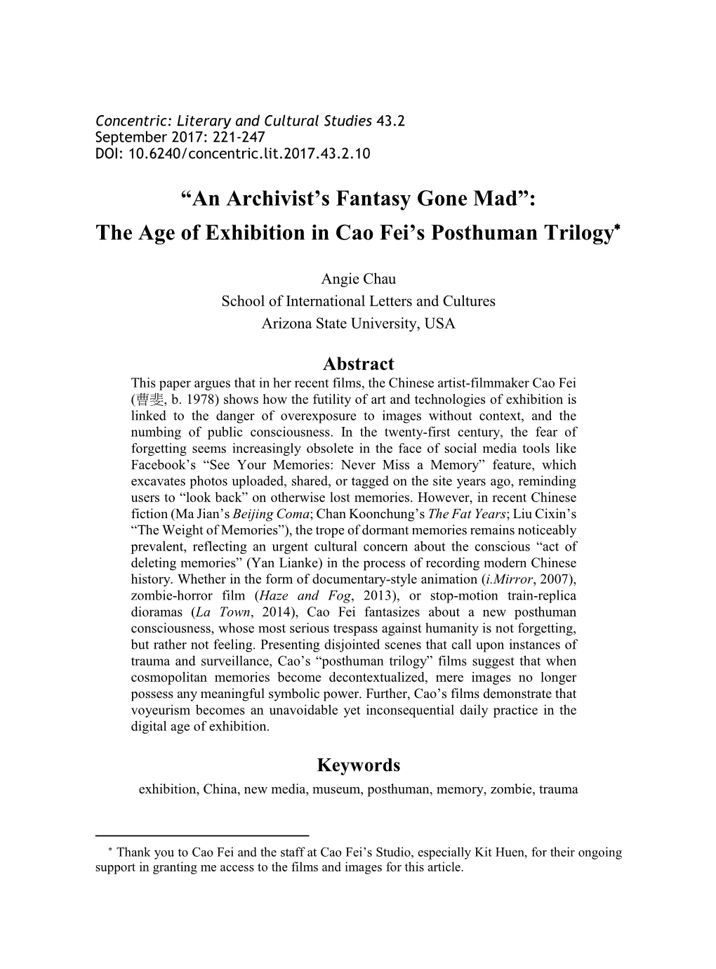 The Age of Exhibition in Cao Fei's Posthuman Trilogy