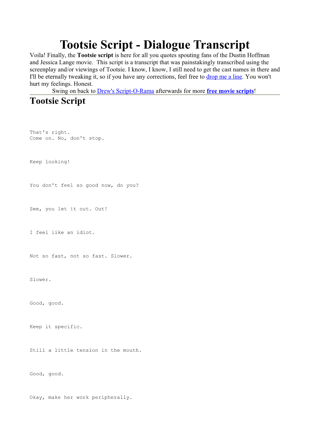 Tootsie Script - Dialogue Transcript