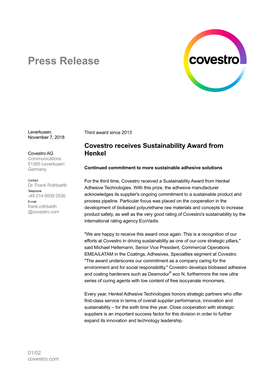 Covestro Receives Sustainability Award from Henkel