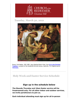 Tuesday, March 30, 2021 Holy Week and Easter Service Schedule