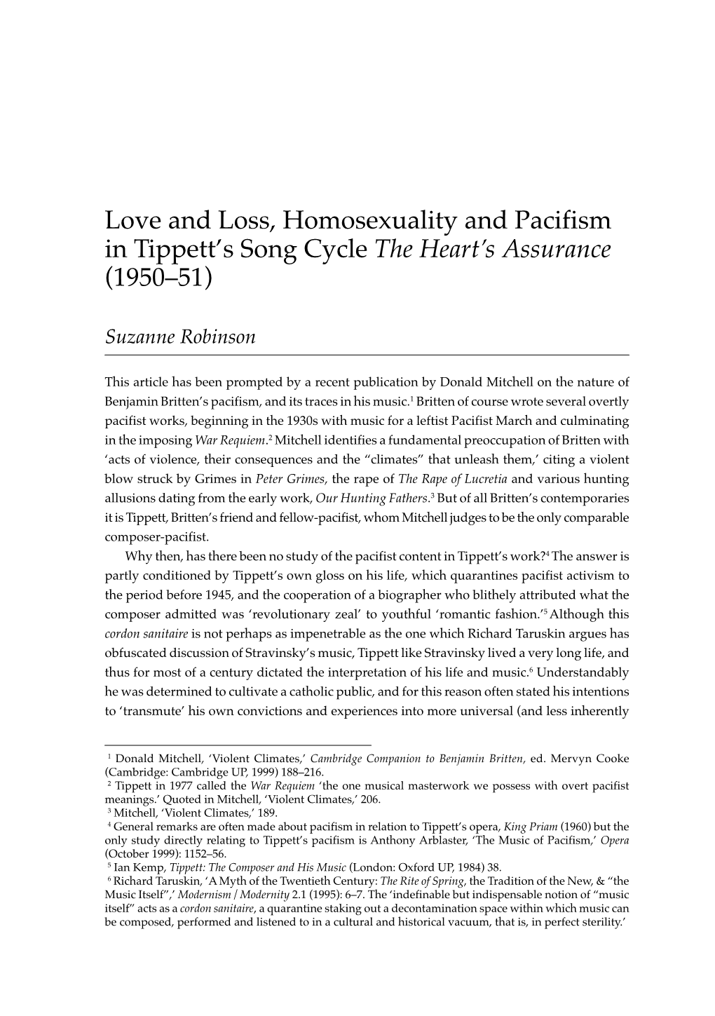 Love and Loss, Homosexuality and Pacifism in Tippett’S Song Cycle the Heart’S Assurance (1950–51)