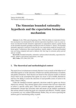 The Simonian Bounded Rationality Hypothesis and the Expectation Formation Mechanism