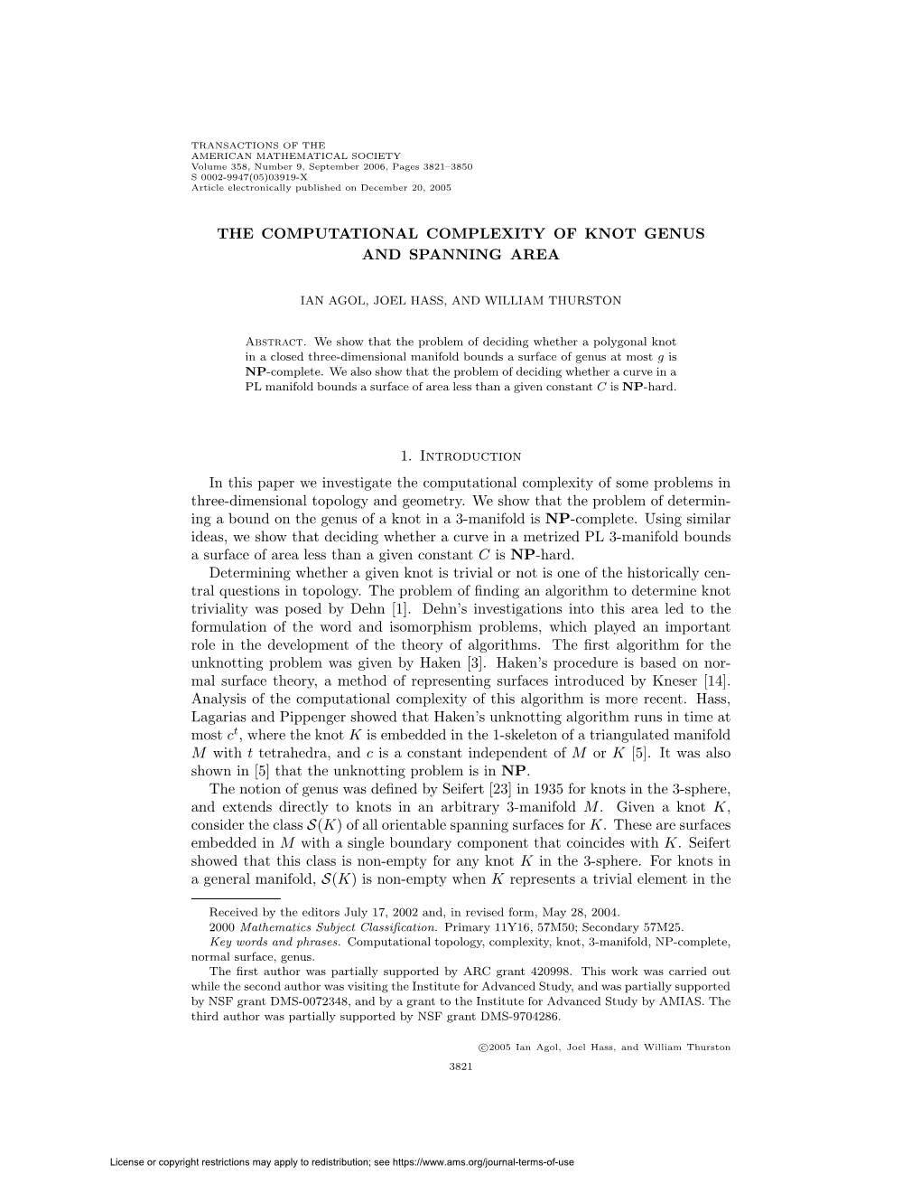 The Computational Complexity of Knot Genus and Spanning Area