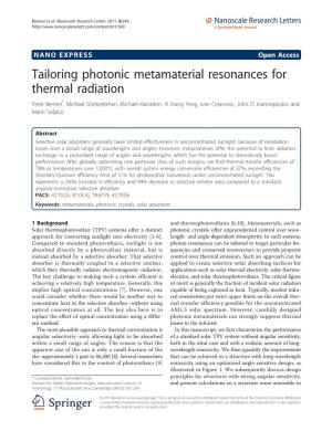 Tailoring Photonic Metamaterial Resonances for Thermal Radiation