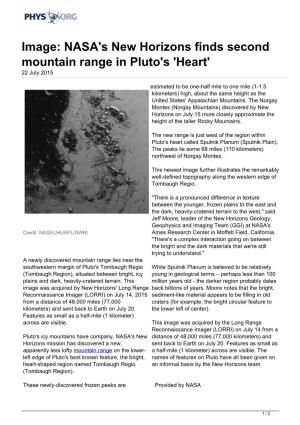 NASA's New Horizons Finds Second Mountain Range in Pluto's 'Heart' 22 July 2015