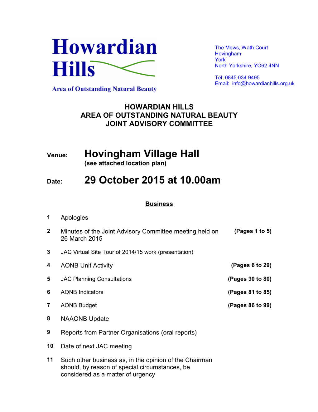 Hovingham Village Hall 29 October 2015 at 10.00Am