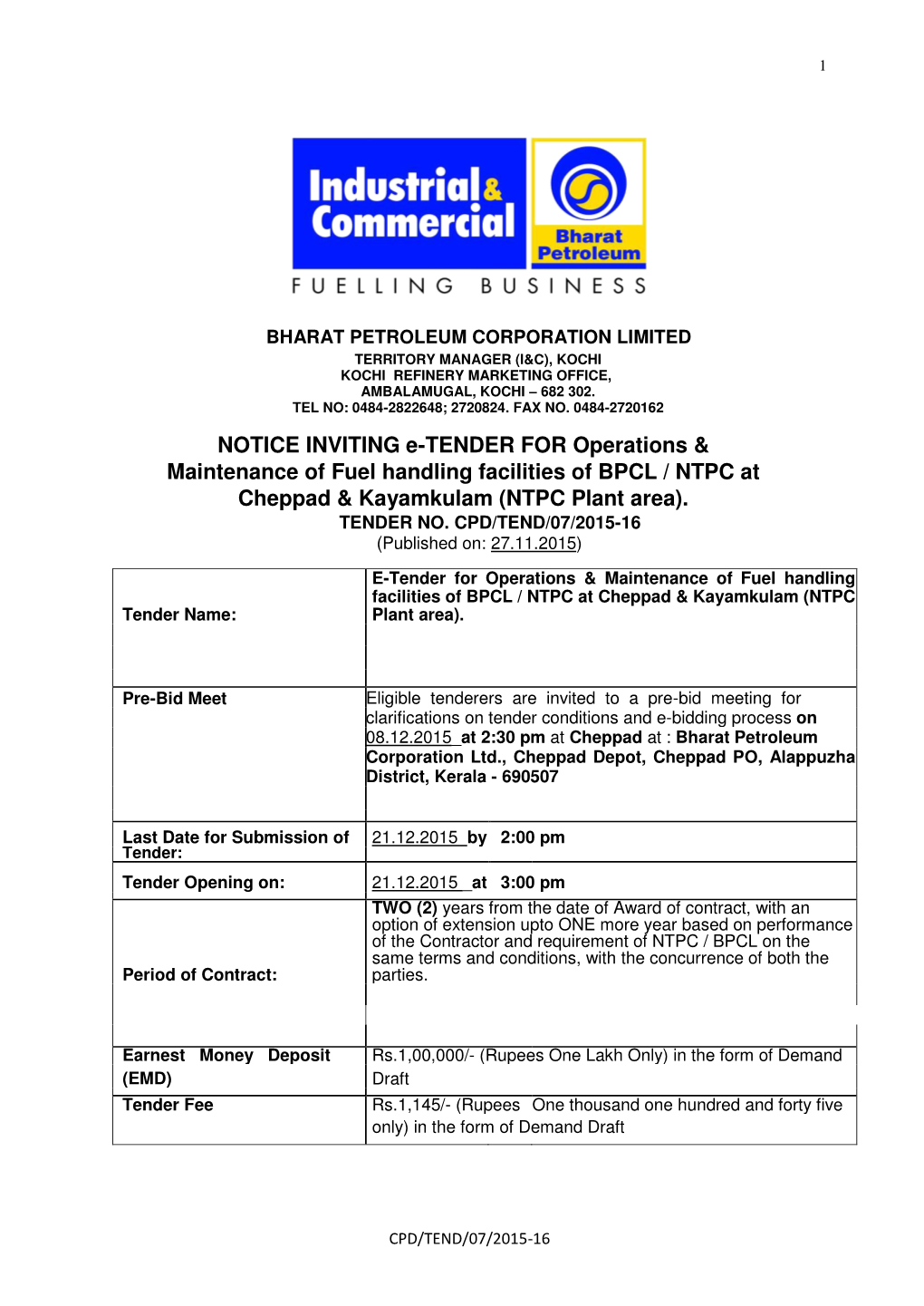 NOTICE INVITING E-TENDER for Operations & Maintenance of Fuel