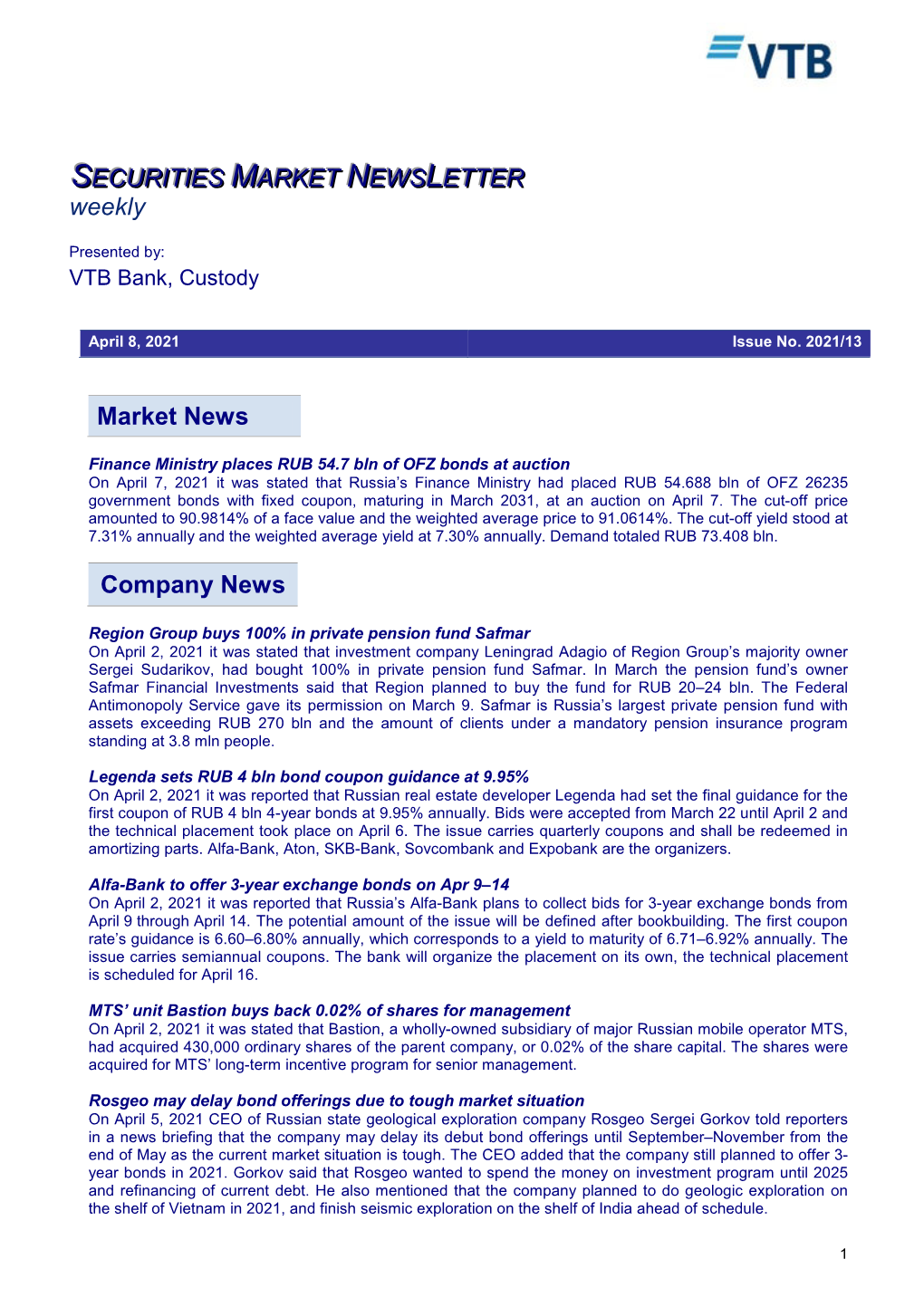 Market News Company News SECURITIES MARKET NEWS