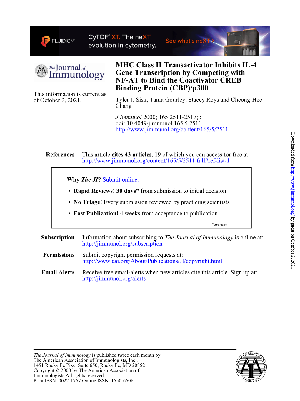 Binding Protein (CBP)/P300 NF-AT to Bind the Coactivator CREB Gene Transcription by Competing with MHC Class II Transactivator I