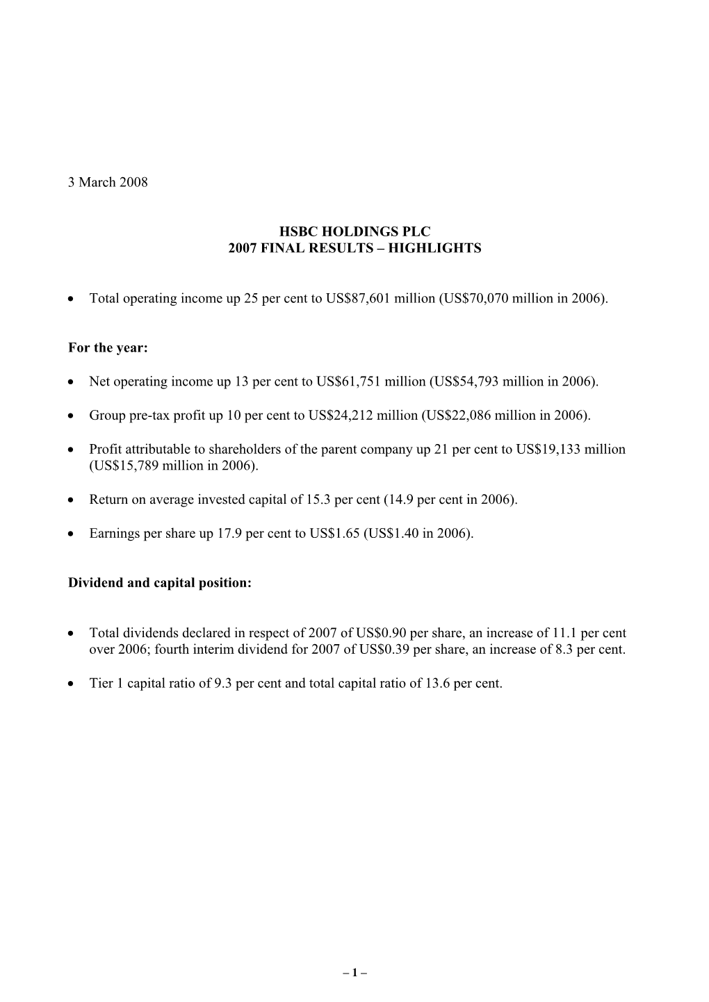 Hsbc Holdings Plc 2007 Final Results – Highlights