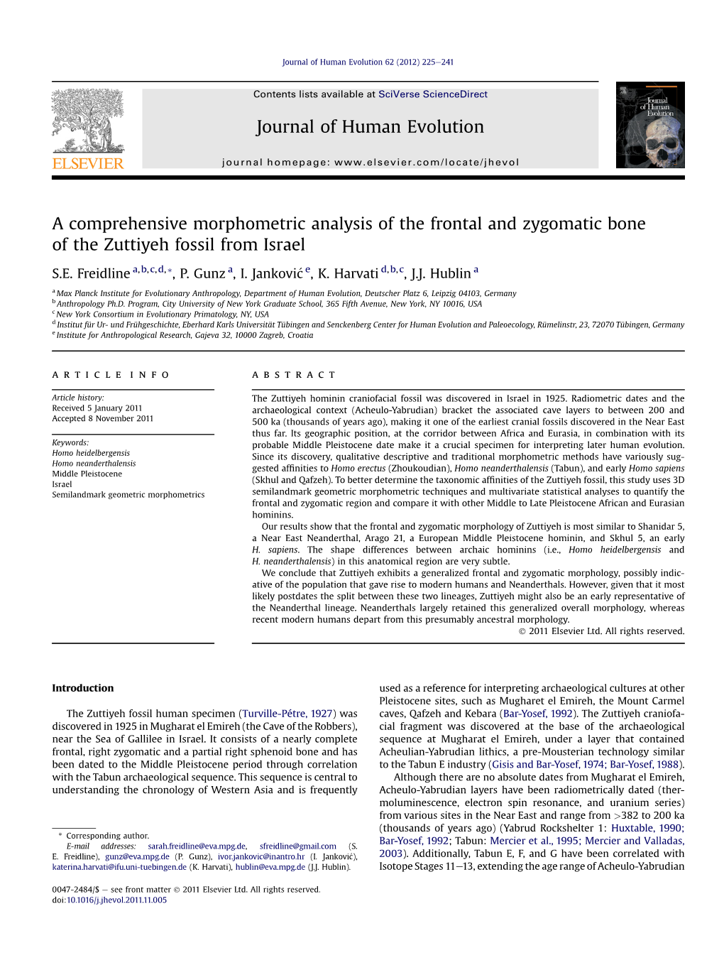 A Comprehensive Morphometric Analysis of the Frontal and Zygomatic Bone of the Zuttiyeh Fossil from Israel