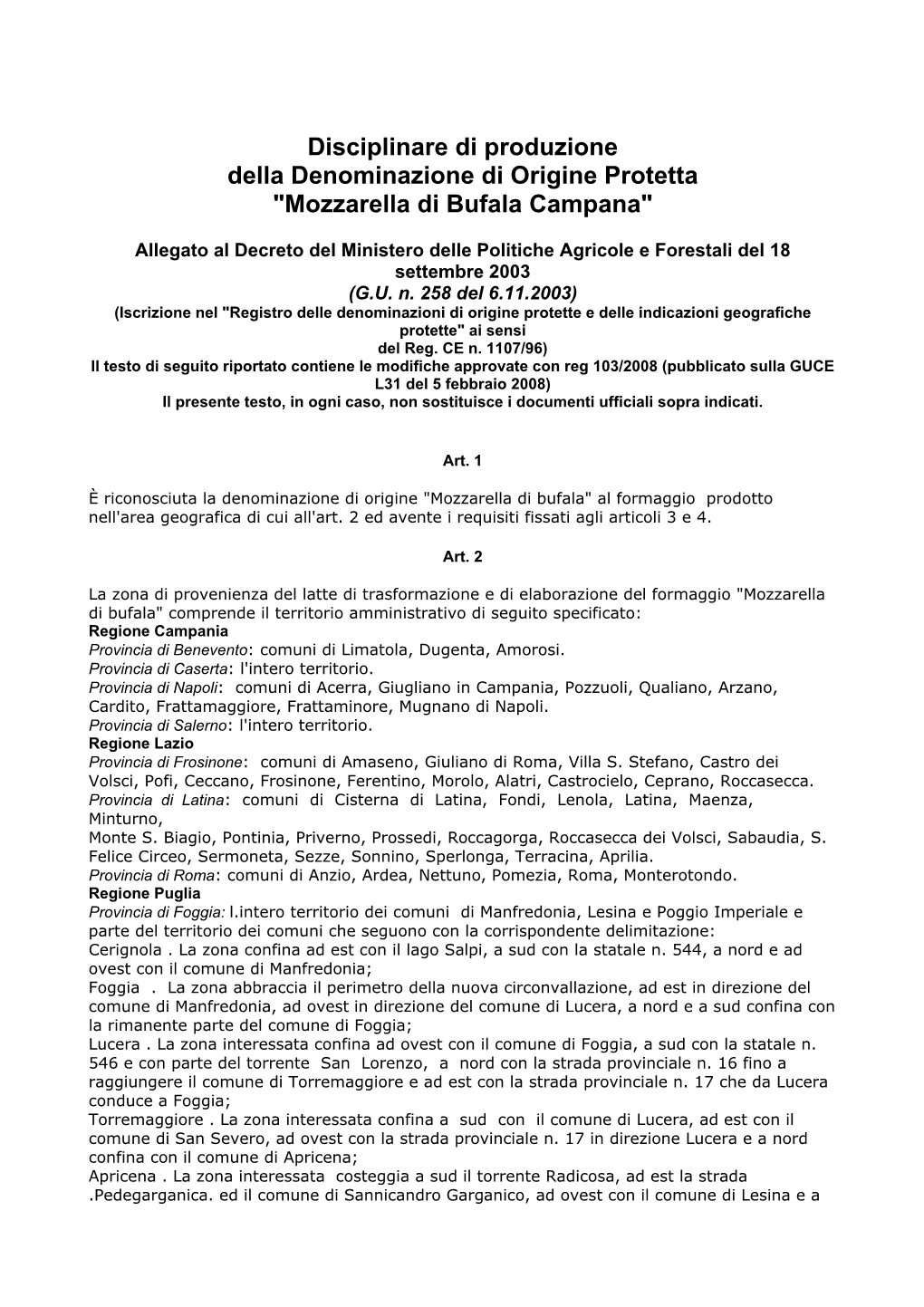 Disciplinare Di Produzione Della Denominazione Di Origine Protetta "Mozzarella Di Bufala Campana"