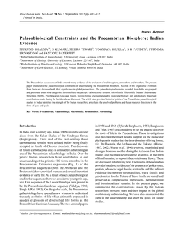 Palaeobiological Constraints and the Precambrian Biosphere: Indian Evidence