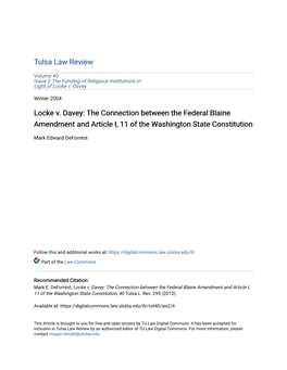 Locke V. Davey: the Connection Between the Federal Blaine Amendment and Article I, 11 of the Washington State Constitution