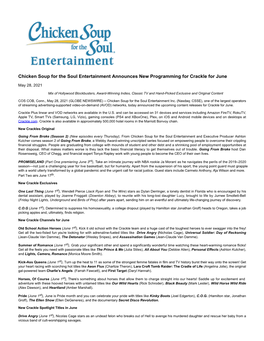 Chicken Soup for the Soul Entertainment Announces New Programming for Crackle for June