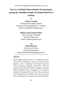 The Use of Mobile Phone Related Terminologies Among the Tumbuka People of Lundazi District of Zambia