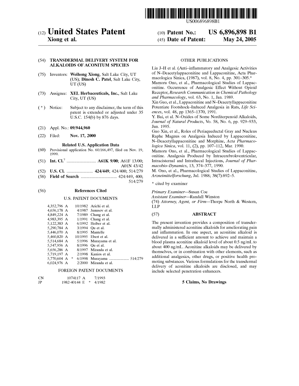 (12) United States Patent (10) Patent No.: US 6,896,898 B1 Xiong Et Al