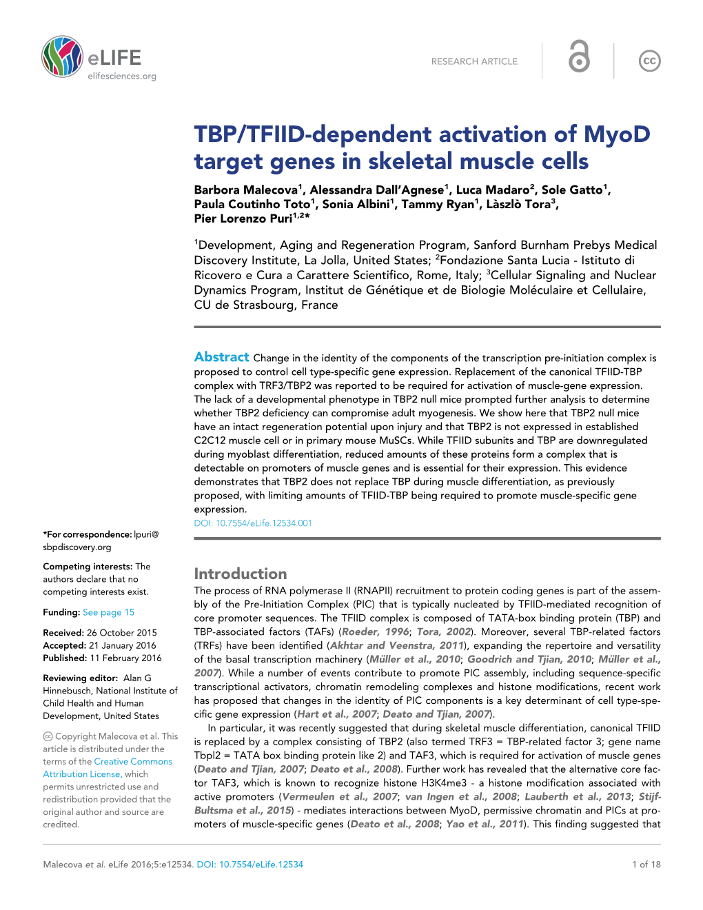TBP/TFIID-Dependent Activation of Myod Target Genes in Skeletal
