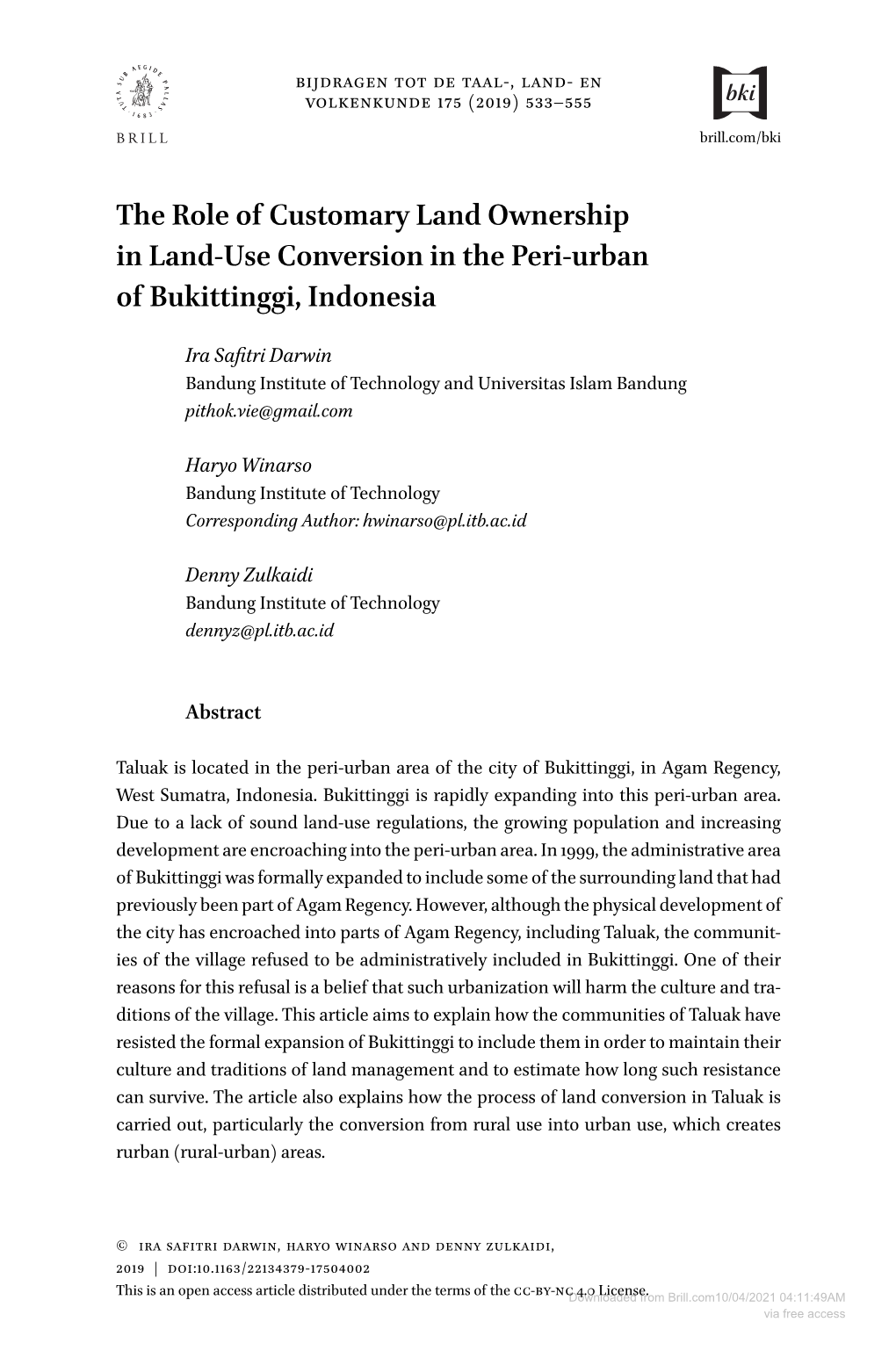 The Role of Customary Land Ownership in Land-Use Conversion in the Peri-Urban of Bukittinggi, Indonesia