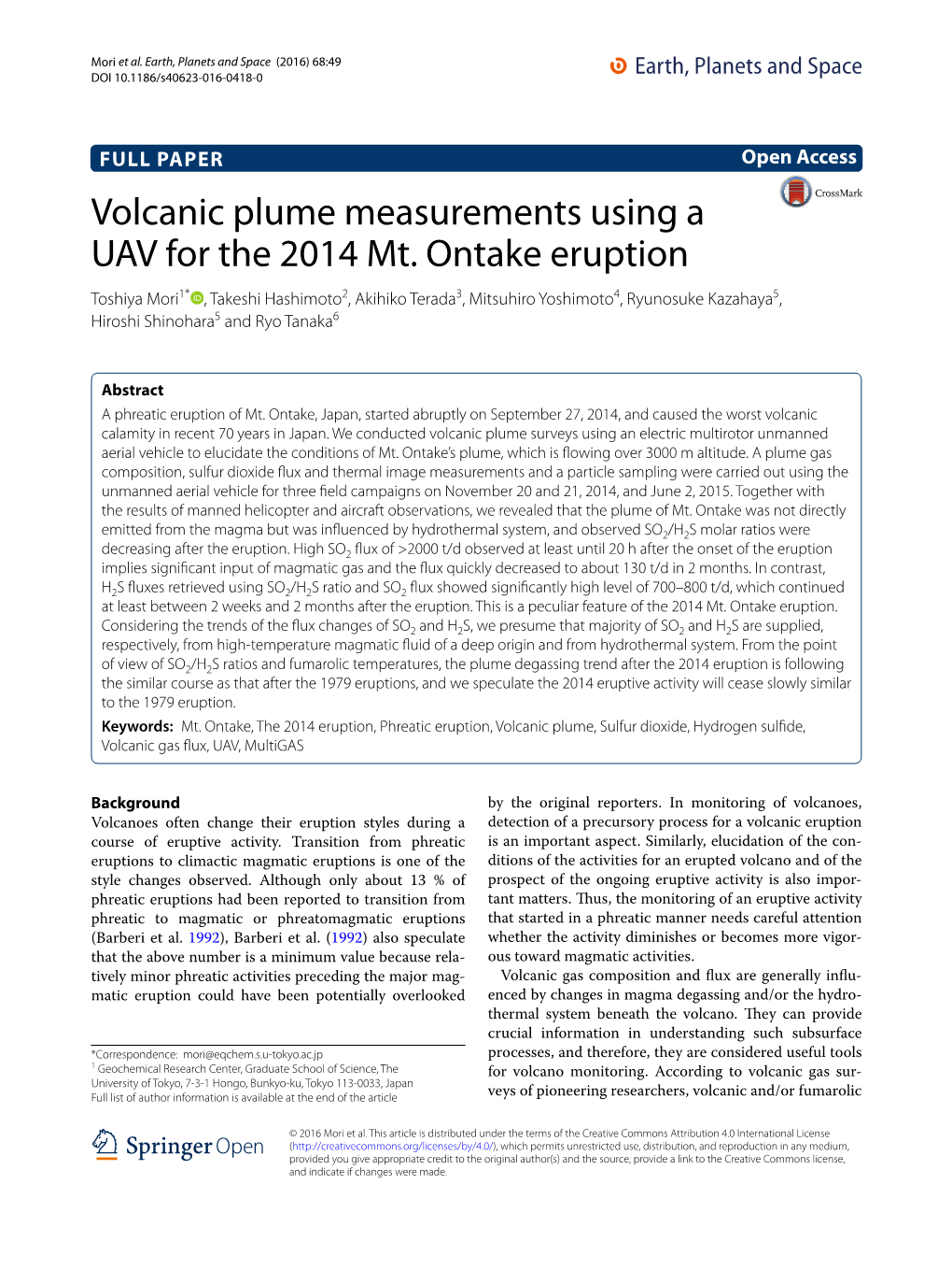 Volcanic Plume Measurements Using a UAV for the 2014 Mt. Ontake