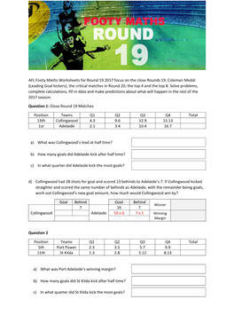 AFL Footy Maths Worksheets for Round 19 2017 Focus On