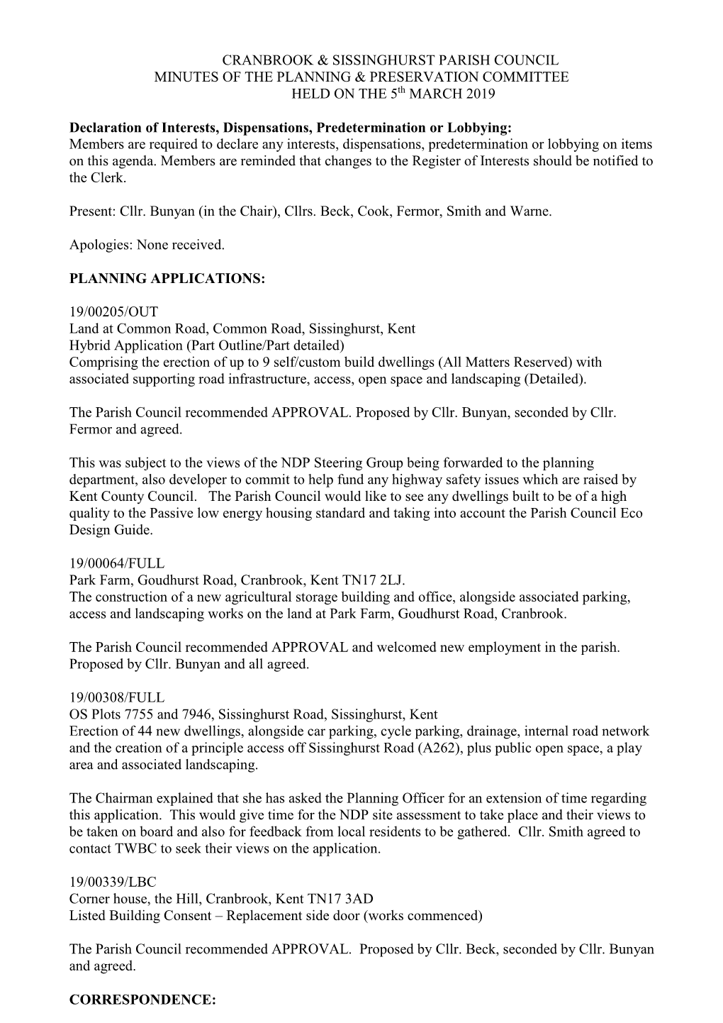 CRANBROOK & SISSINGHURST PARISH COUNCIL MINUTES of the PLANNING & PRESERVATION COMMITTEE HELD on the 5Th MARCH 2019 Decl