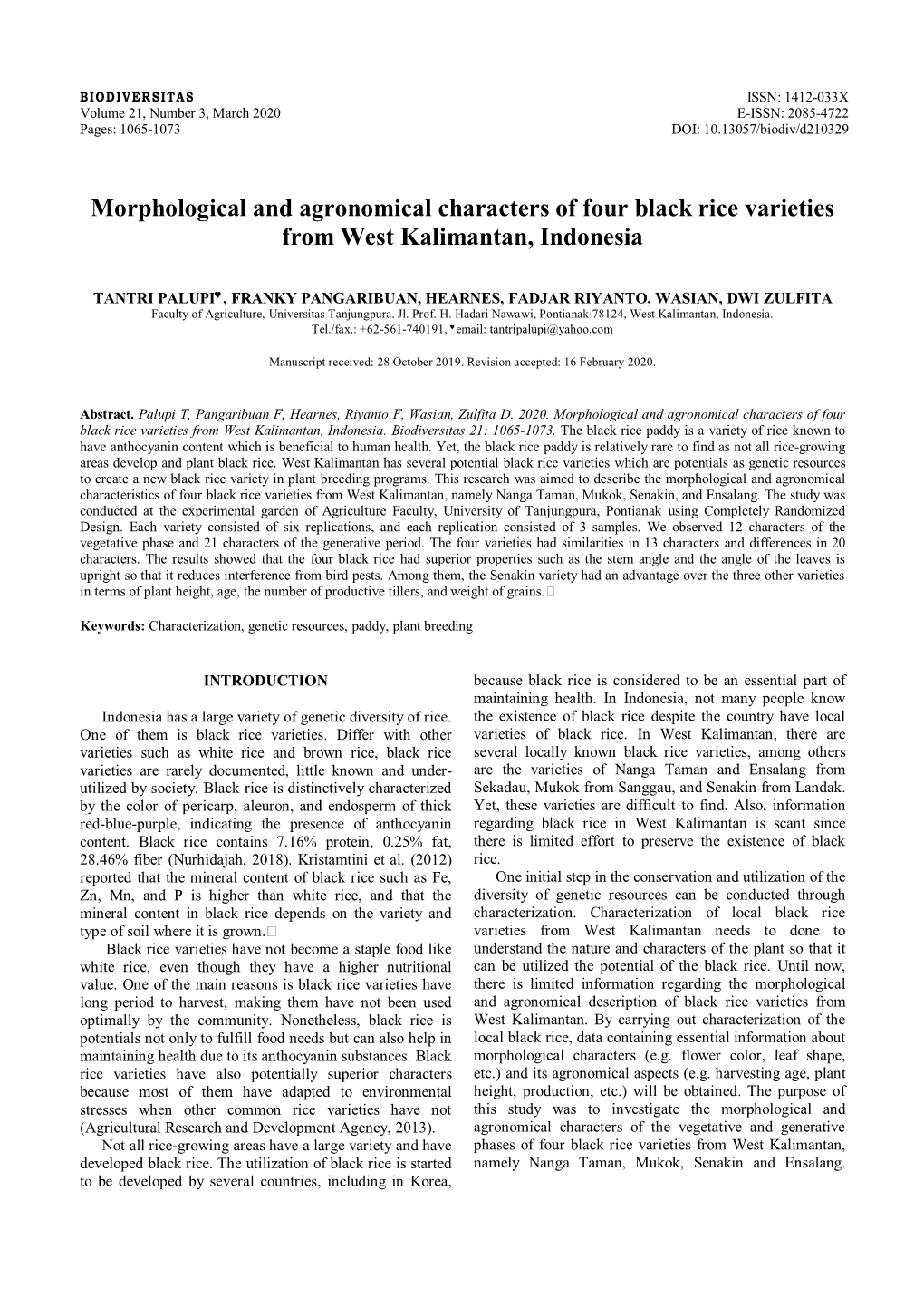 Morphological and Agronomical Characters of Four Black Rice Varieties from West Kalimantan, Indonesia